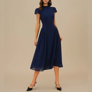 Rihoas Blue Puffed Sleeve Midi Dress